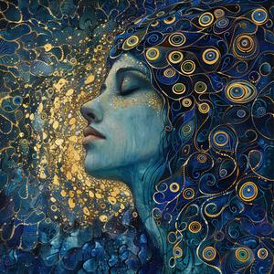 Art Nouveau  Surrealism  pointillism  woman  swirls  blue  gold  mystical  ambiance  fusion 1077123