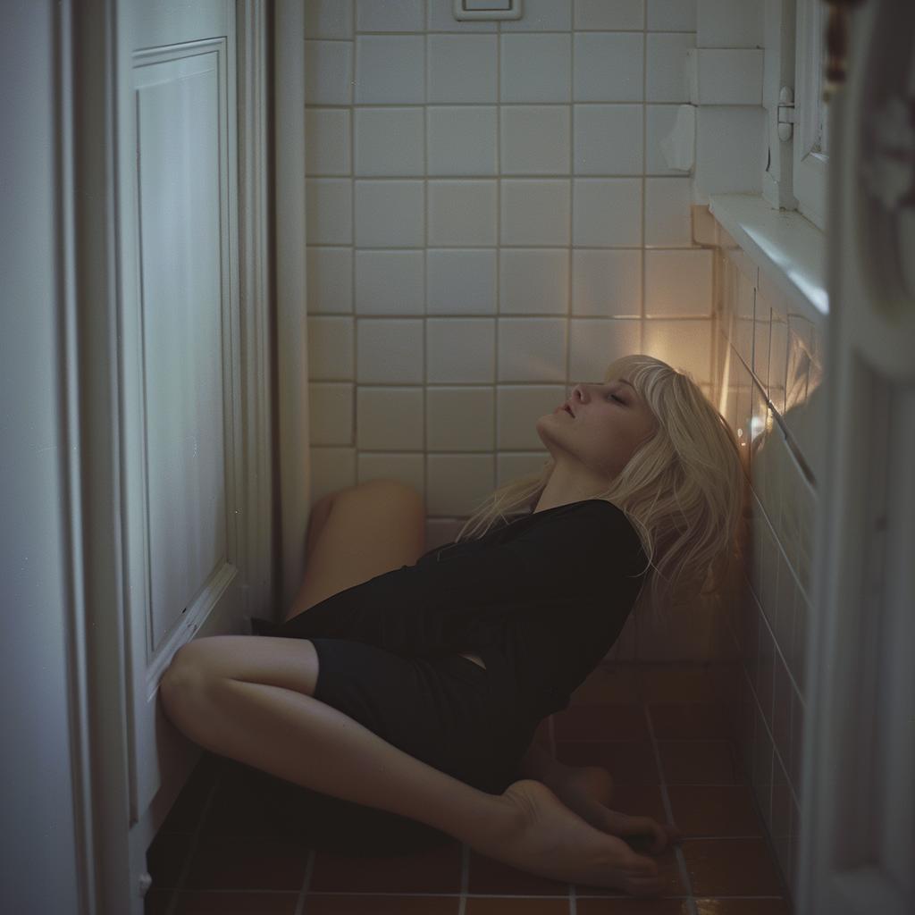 woman  bathroom  floor  evening  cinematic  Angénieux  Canon  full-frame  side-angle  relaxed 918068