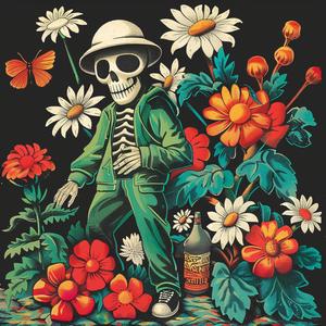 skeleton  green  jacket  flowers  chromolithography  art  colorful  whimsical  nature  playful 1049245