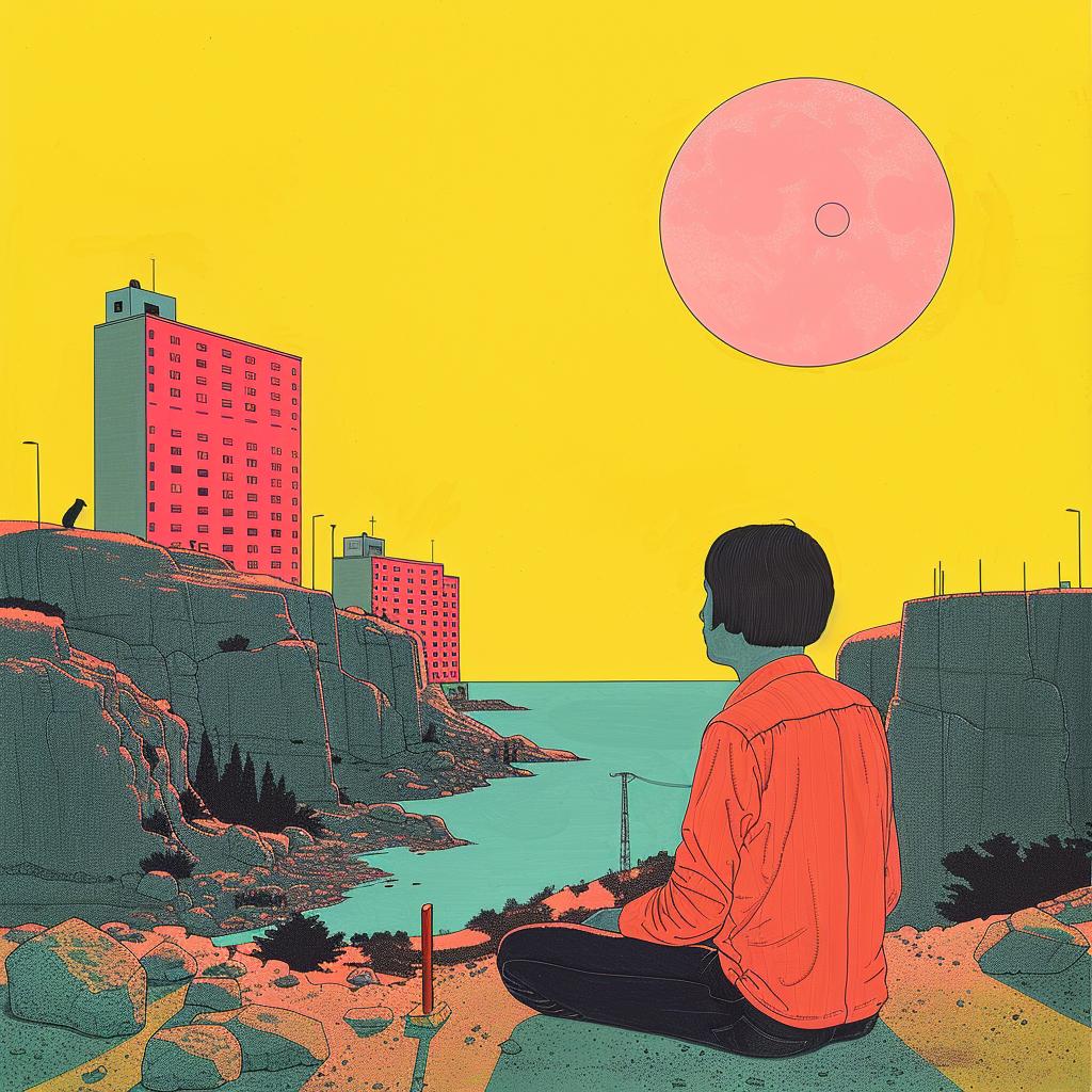 surreal  album cover  Joan Cornella  abstract  vibrant  bright colors  figure  sun  ground  visual narrative 977684