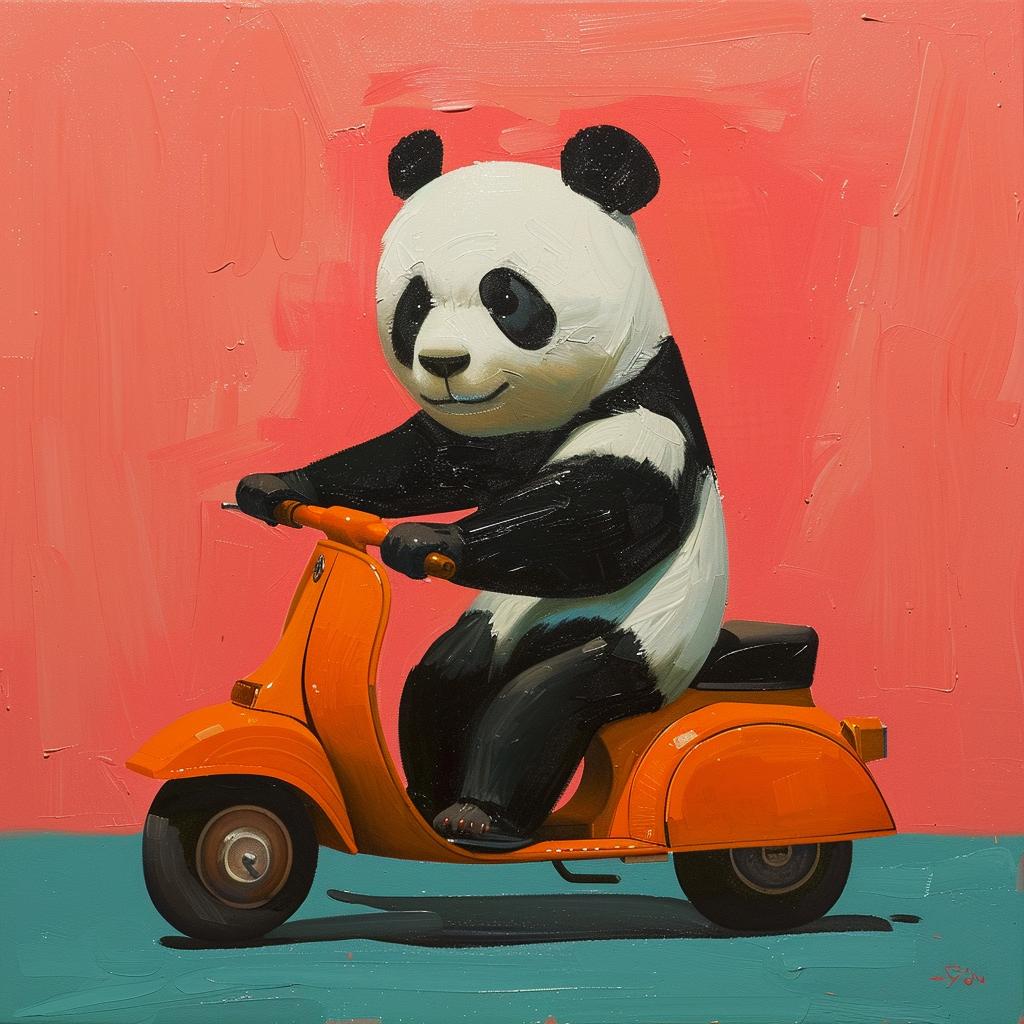 panda  scooter  canvas  art  print  playful  vivid  colorful  humorous  stylized 1021894