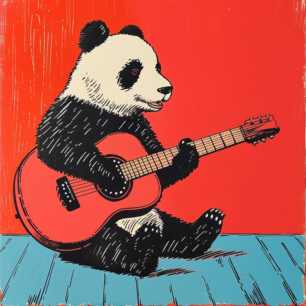 panda  guitar  anthropomorphic  playful  wooden  music  artwork  colorful  expression  illustration 921991