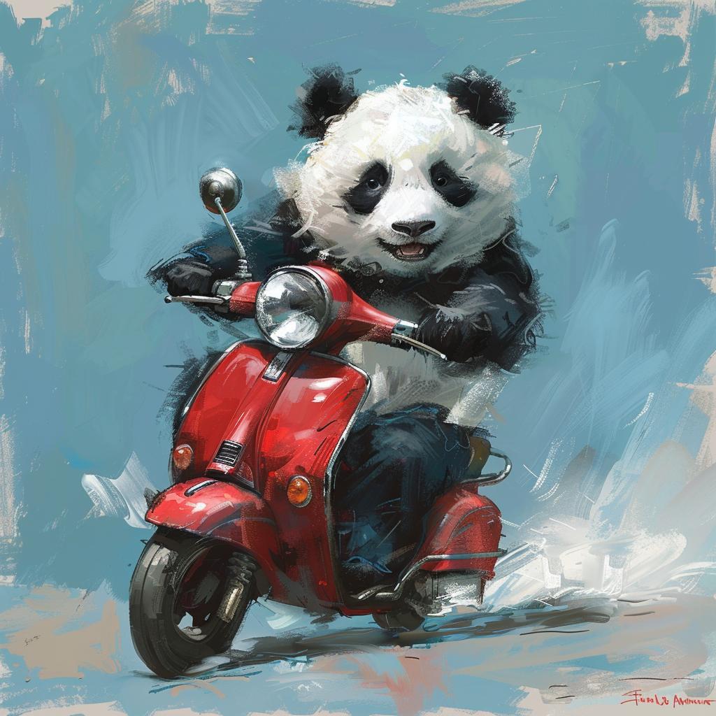 panda  moped  cartoon  animal  humor  playful  colorful  whimsy  transport  illustration 1019693