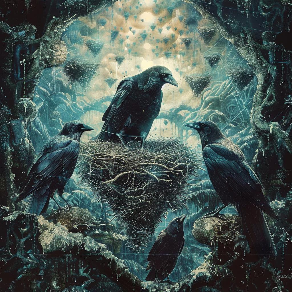 ravens  nest  birds  feeding  canvas  art  print  illustration  wildlife  nature 1034474