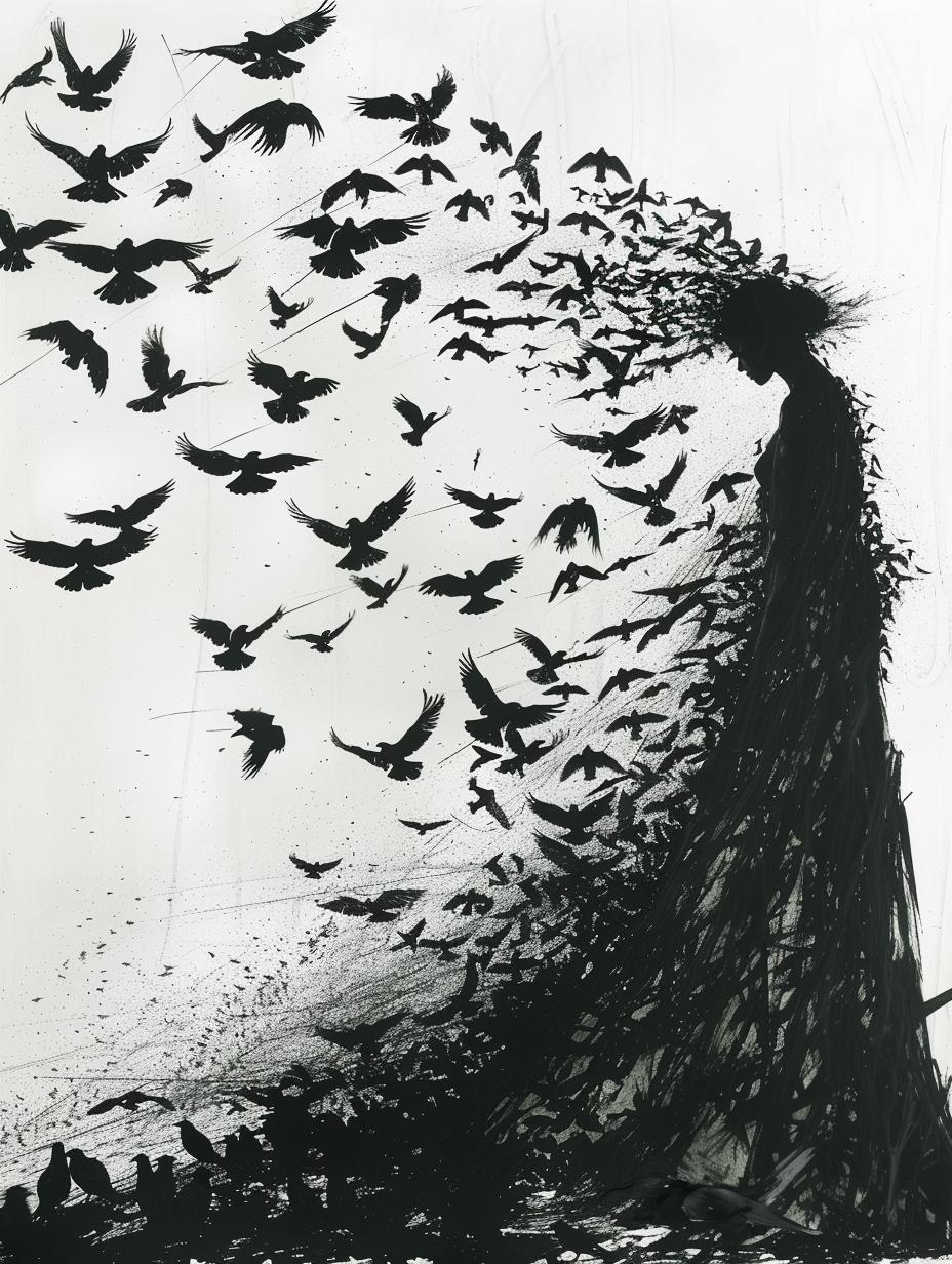 ravens  woman  silhouette  birds  flying  air  dark  mystical  tall  thin 953767