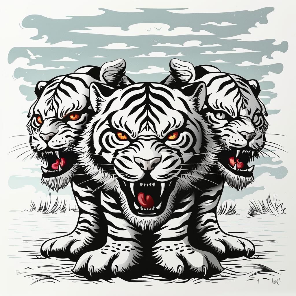 tiger  three-headed  red  eyes  white  background  stylized  graphic  animal  ferocious 1033102