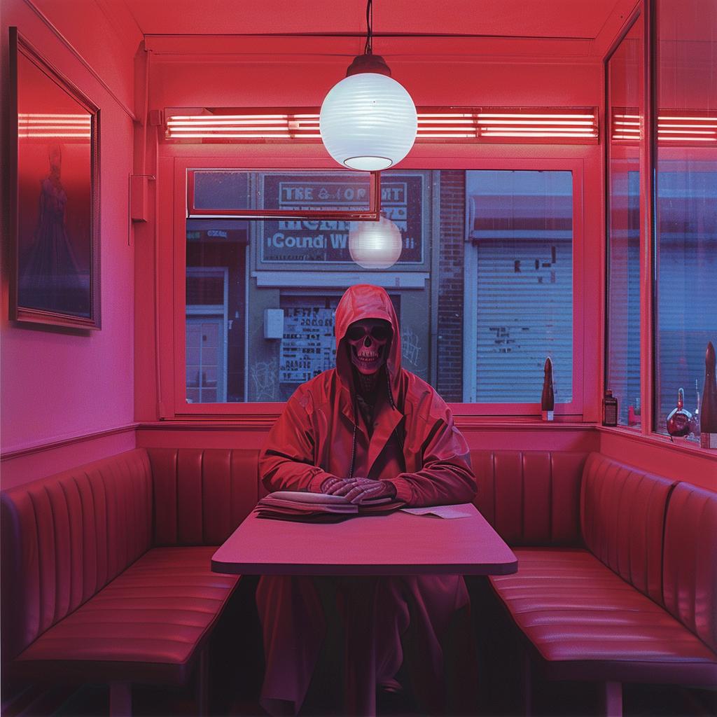 creative  surreal  album  cover  neon  lights  restaurant  man  table  red 976524