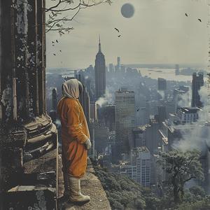 Man  Orange  Suit  City  Ledge  Chromolithography  Art  Landscape  Urban  View 1056954