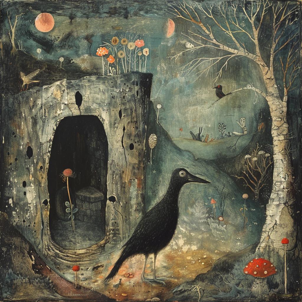Japanese  horror  art  bird  cave  mushrooms  painting  style  visual  illustration 1021769
