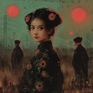 woman  field  red  suns  painting  landscape  vibrant  nature  art  chromolithography 1053503