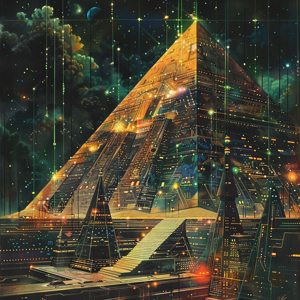retro  sci-fi  pyramids  blockchains  illustration  gouache  composition  dark  detail  futuristic 922440