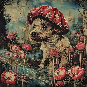 dog  mushroom  hat  painting  chromolithography  humor  animal  illustration  artwork  whimsy 1050288