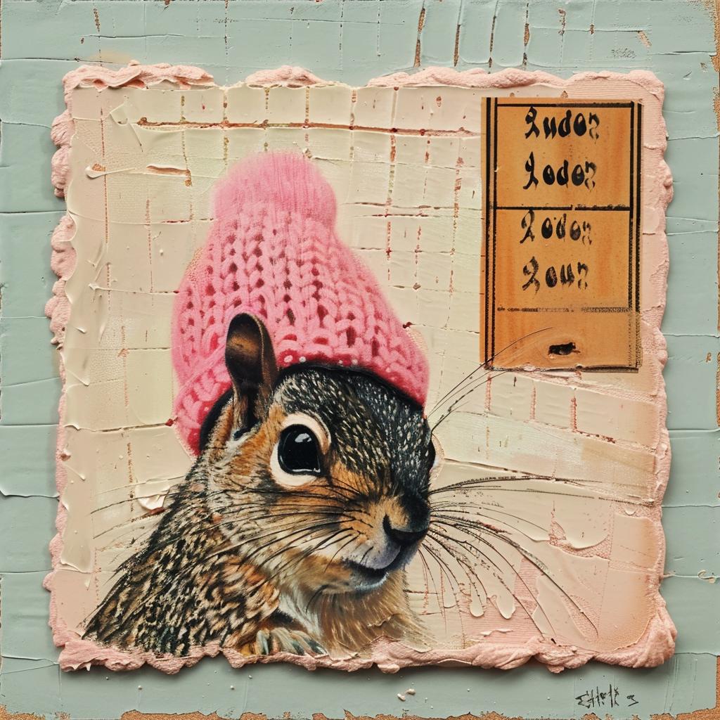 squirrel  pink  hat  encaustic  impasto  playful  whimsical  portrait  vivid  colorful 1015798