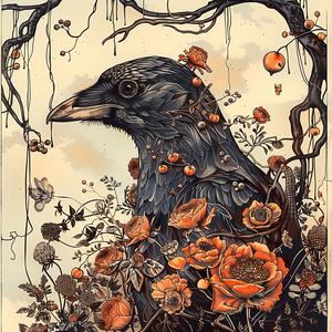 crow  flowers  vines  painting  chromolithography  nature  dark  illustration  detailed  whimsical 1047892
