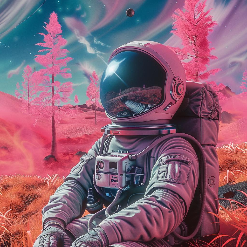 astronaut  sitting  ground  pink  sky  serene  space  colorful  landscape  imagination 1016742