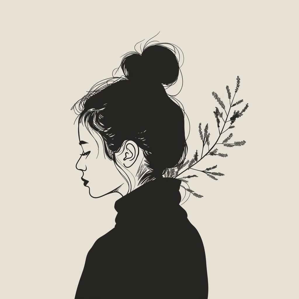 vector  illustration  minimal  boho  girl  bun  leaves  hair  trendy  lineart 960072