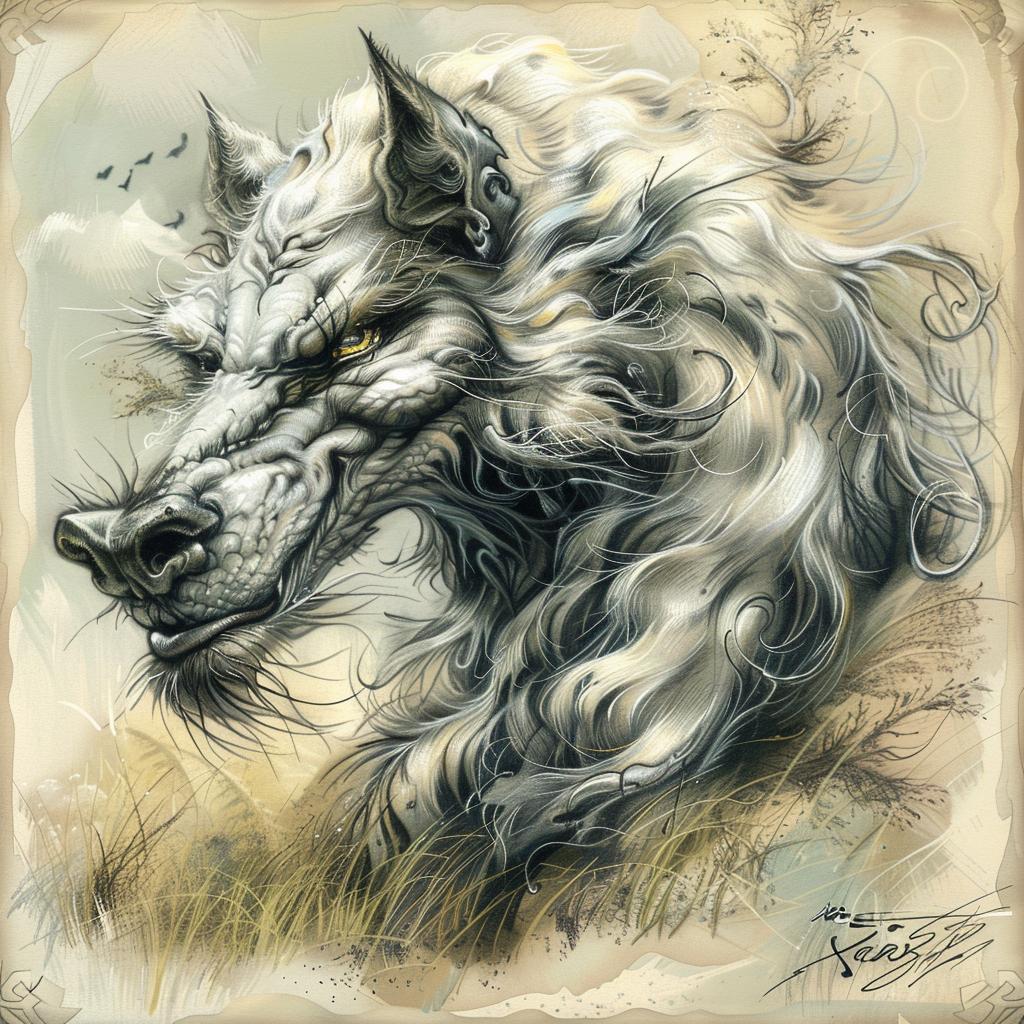 رسم رقمي ذئب ذو شعر طويل مخلوق هجين خيالي كيان فريد 941169