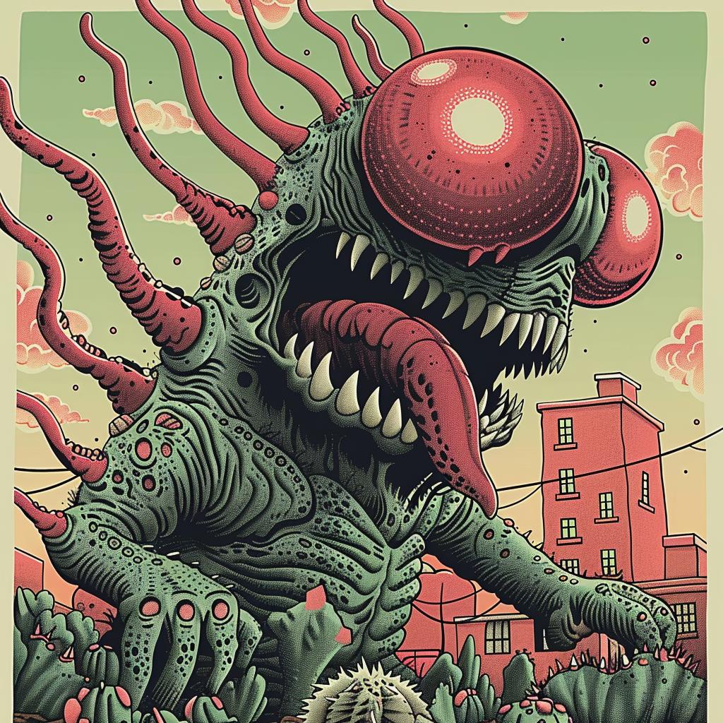 poster  monster  cactuspunk  red  eyes  creature  art  illustration  surreal  desert 946566