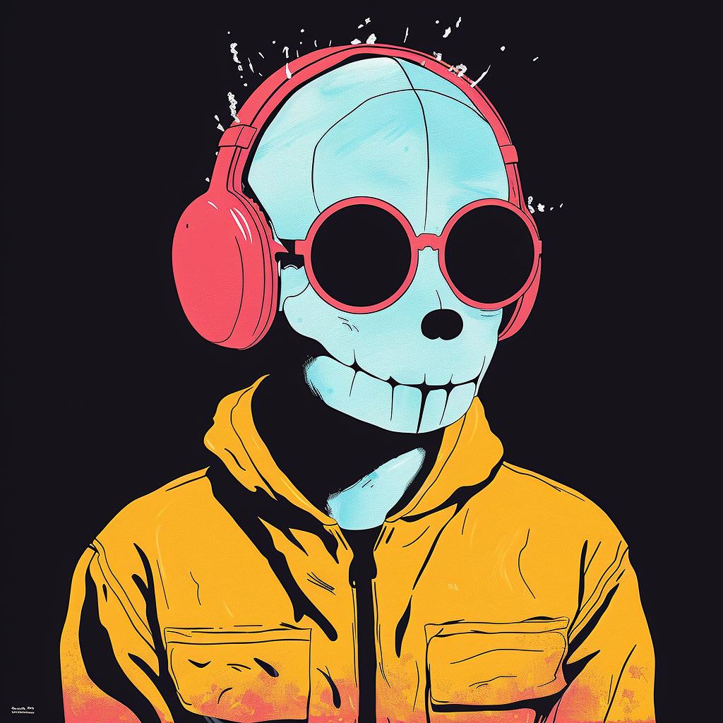 skull  headphones  sunglasses  surreal  art  Joan  Cornella  album  cover  colorful 1018902