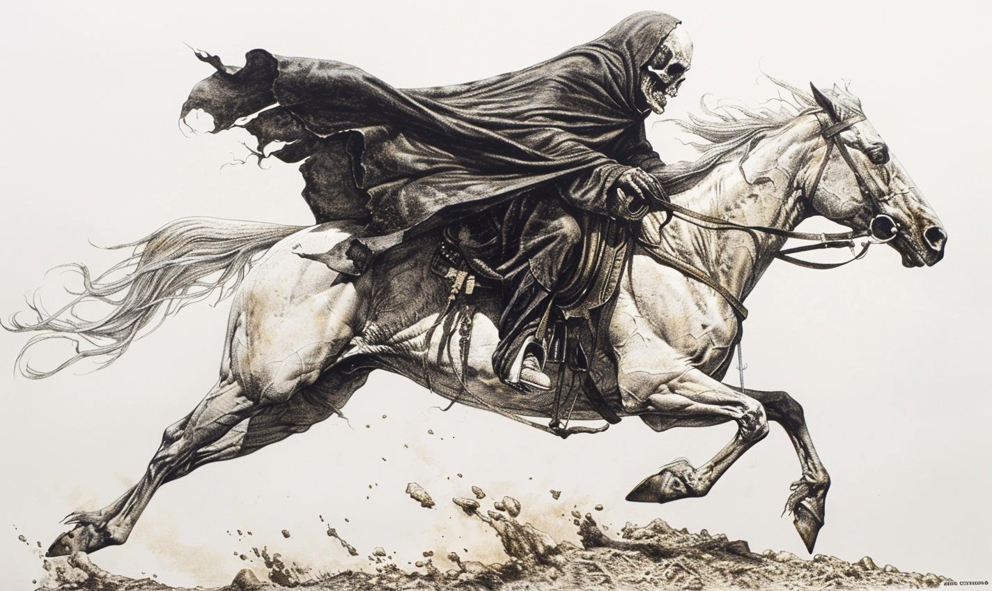 Grim  Reaper  horseback  cloak  action  drawing  black  background  Codex  Seraphinianus 971077