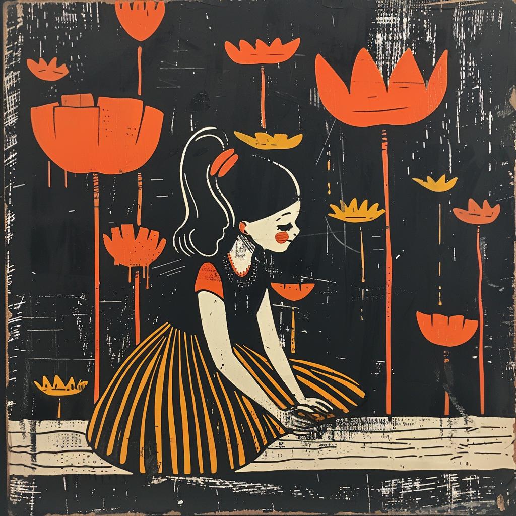 Isabelle  Arsenault  girl  bench  flowers  background  art  illustration  style  nature 926760