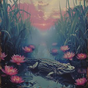 crocodile  pond  pink  flowers  chromolithography  artwork  nature  illustration  wildlife  vintage 1047482