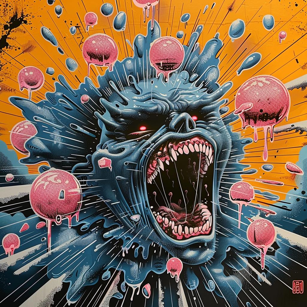 Japanese  lettering  monster  painting  pink  blue  abstract  colorful  surreal  art 948552