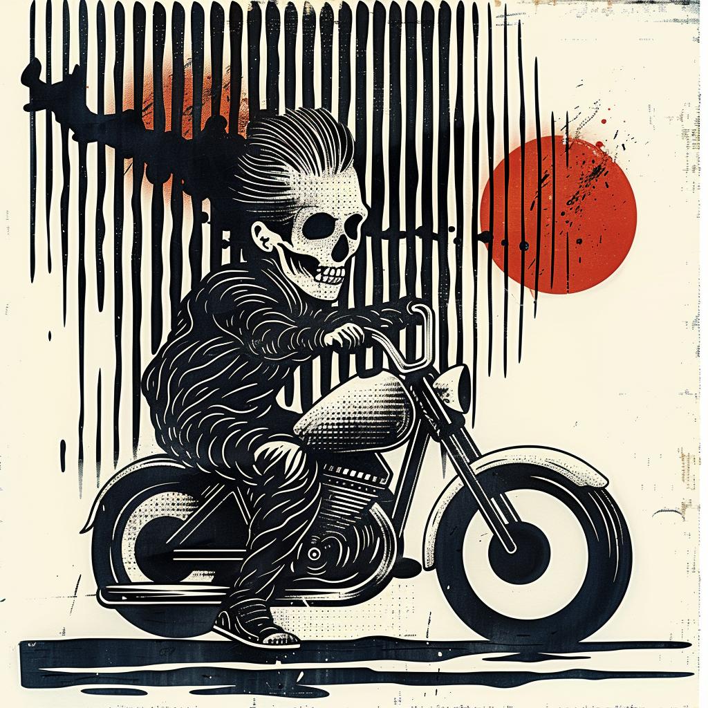 poster  skeleton  motorcycle  whorls  swirls  dashes  crosshatching  Tycho  art  modern 916331