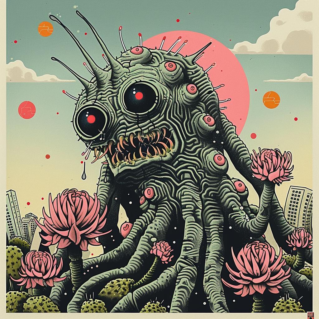 poster  alien  flowers  artwork  creature  graphic  fantasy  surreal  vibrant  colorful 946637