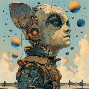 alien  robot  digital  vintage  surreal  pointillism  gold  indigo  teal  illustration 1076272