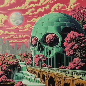 chromolithography  skull  waterfall  pink  sky  natural  landscape  abstract  colorful  dreamlike 1039717