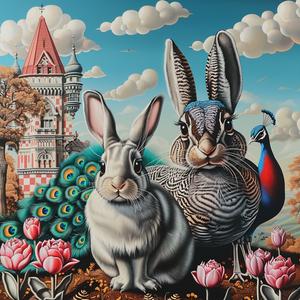 rabbits  peacock  castle  whimsical  colorful  fantasy  animal  imagination  landscape  artwork 1037370