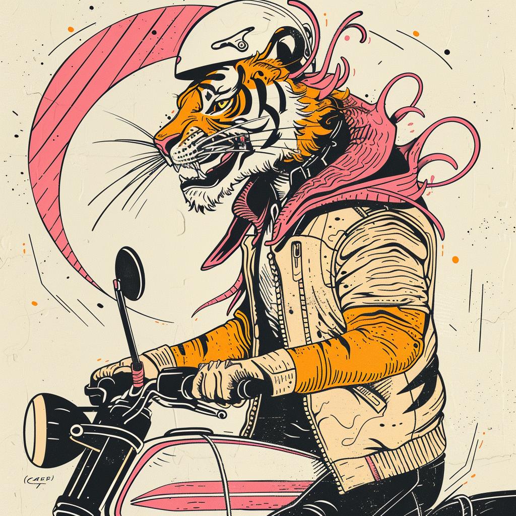 tiger  moped  happy  motorcycle  pink  background  playful  cartoon  colorful  fun 938898