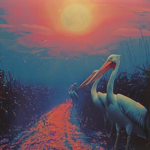 pelicans  path  sunset  painting  chromolithography  birds  natural  evening  serene  landscape 1040814