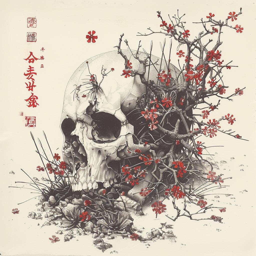 skull  flowers  branches  drawing  intertwined  plants  art  Japanese  lettering  spirits 1036288