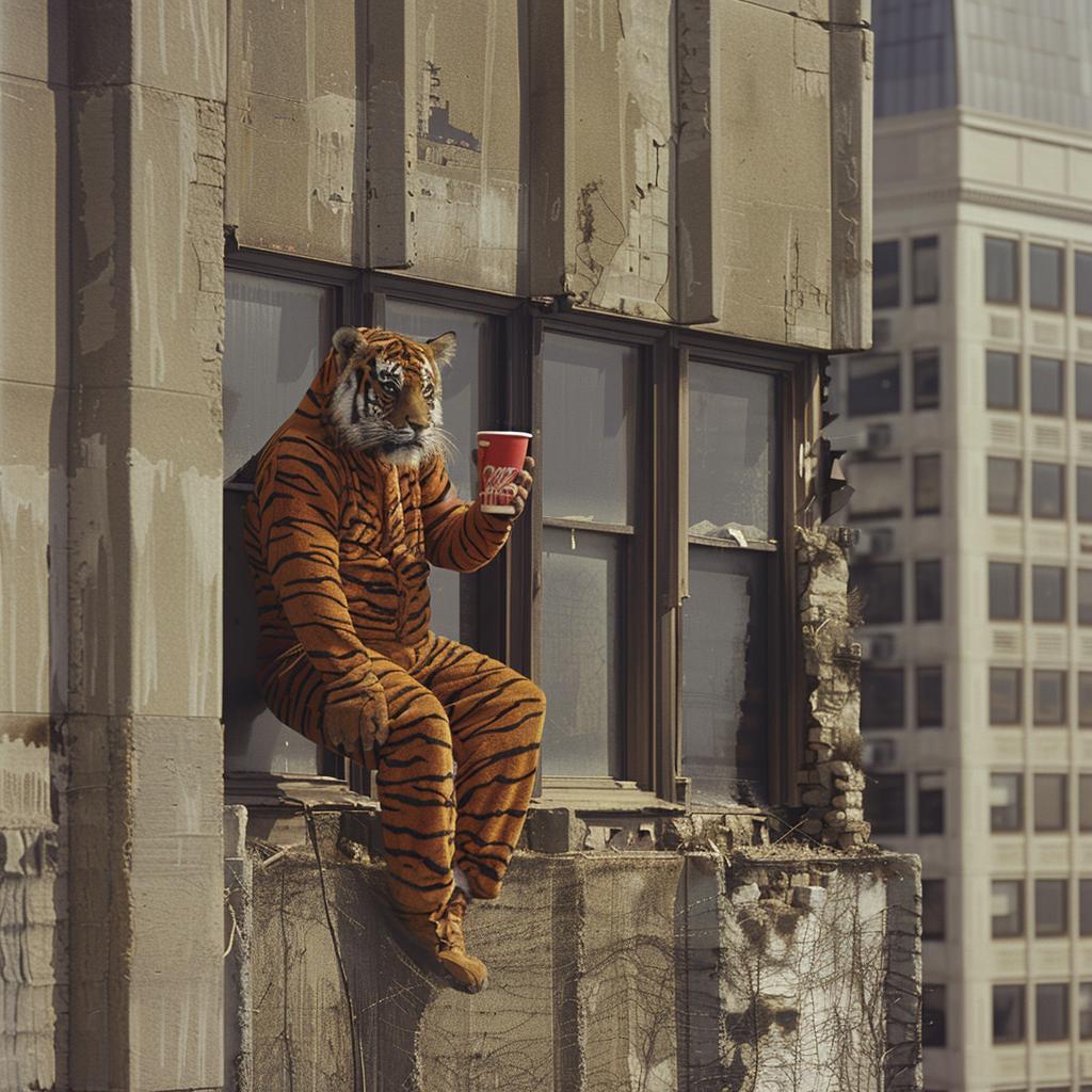 surreal  collage  NYC  man  tiger  costume  coffee  edge  humorous  raw 970186