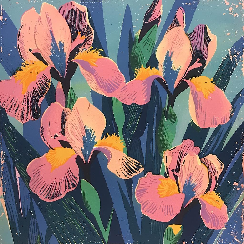 iris  flowers  pink  yellow  Risograph  Chinese  art  Maud  Lewis  painting 970506