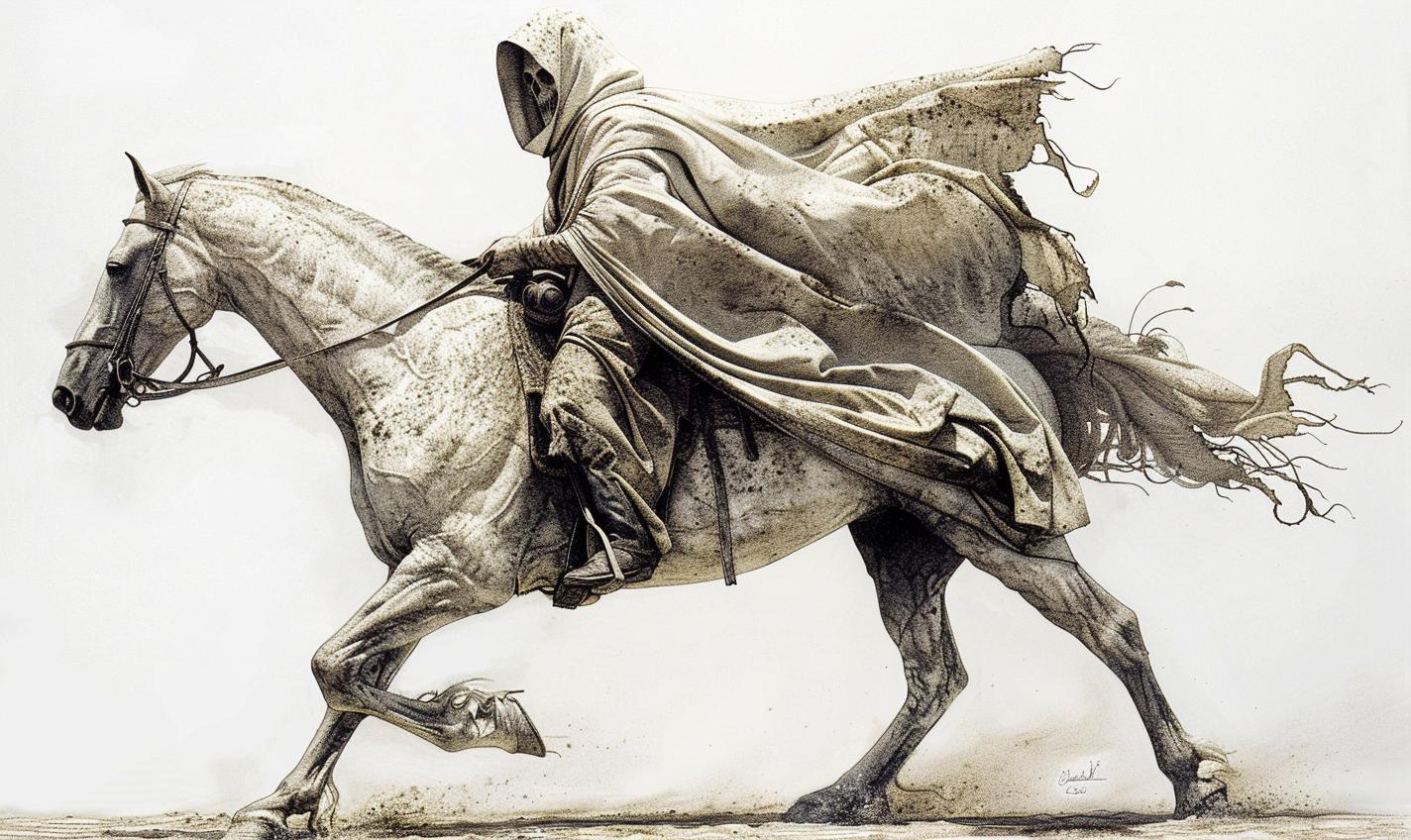 Grim  Reaper  horseback  portrait  action  full-body  white  background  Codex  Seraphinianus 971081