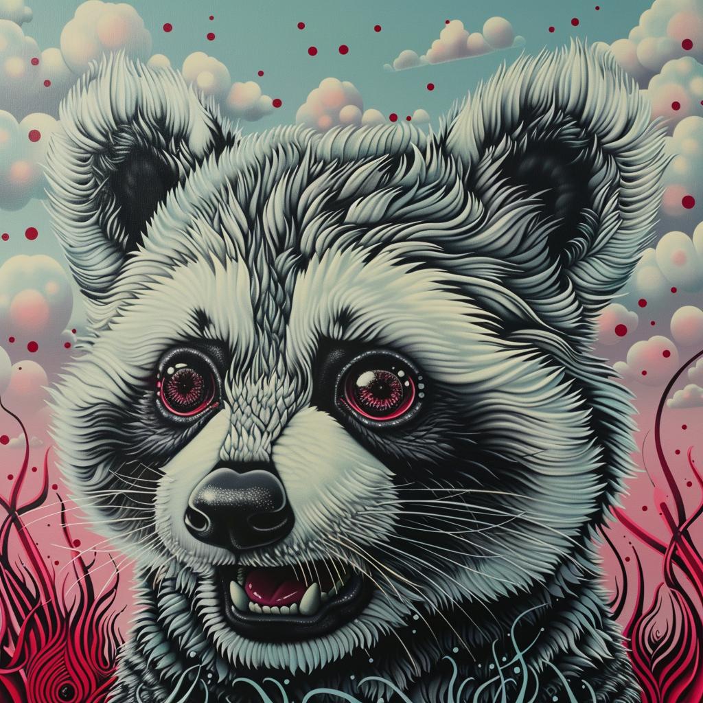 hybrid  creature  panda  tiger  raccoon  painting  red  eyes  white  background 1033489