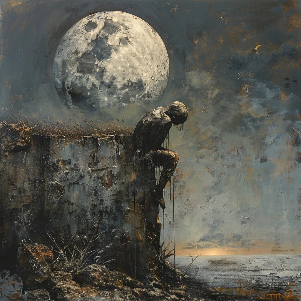 man  rock  moon  landscape  figurative  serene  night  contemplative  atmospheric  painting 960843