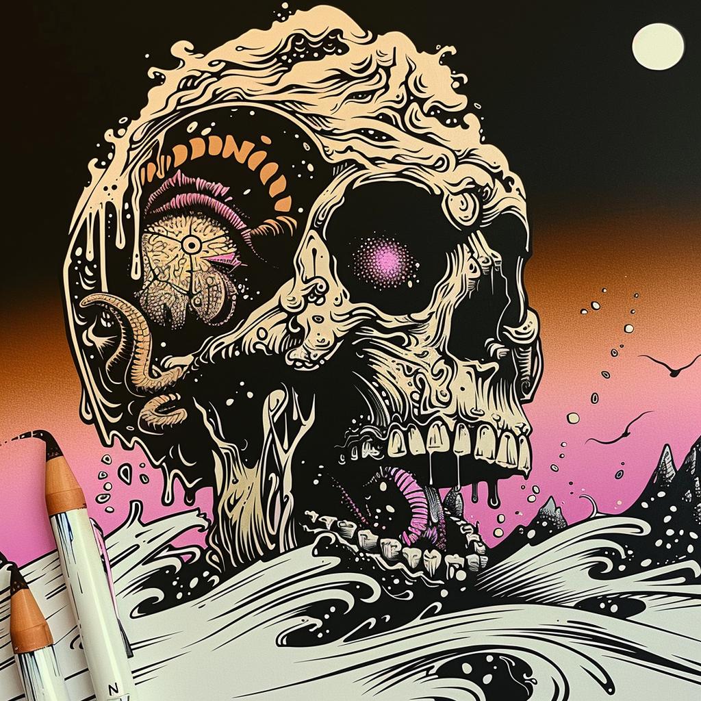 Japanese  lettering  skull  waves  background  drawing  illustration  graphic  art  design 948023