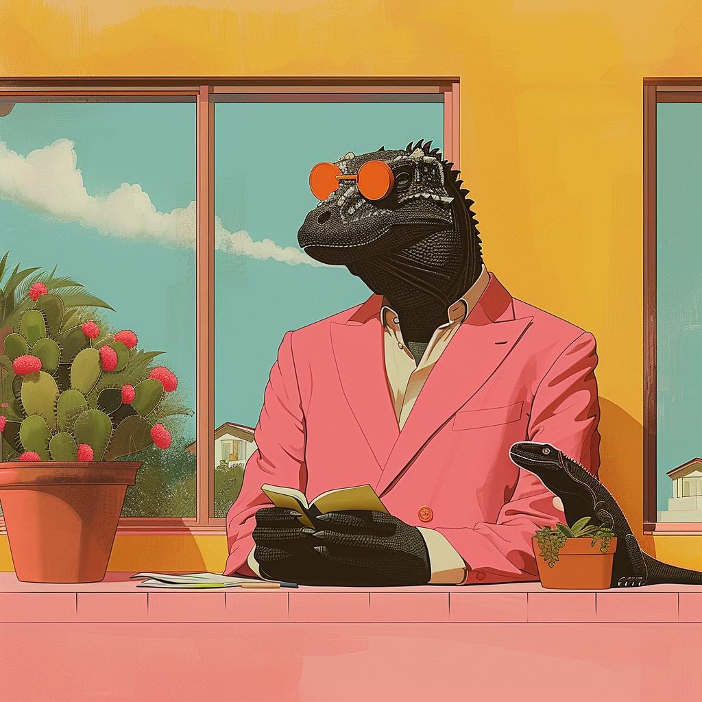 lizard  pink  suit  table  potted  plant  surreal  album  Cornella  art 1018873