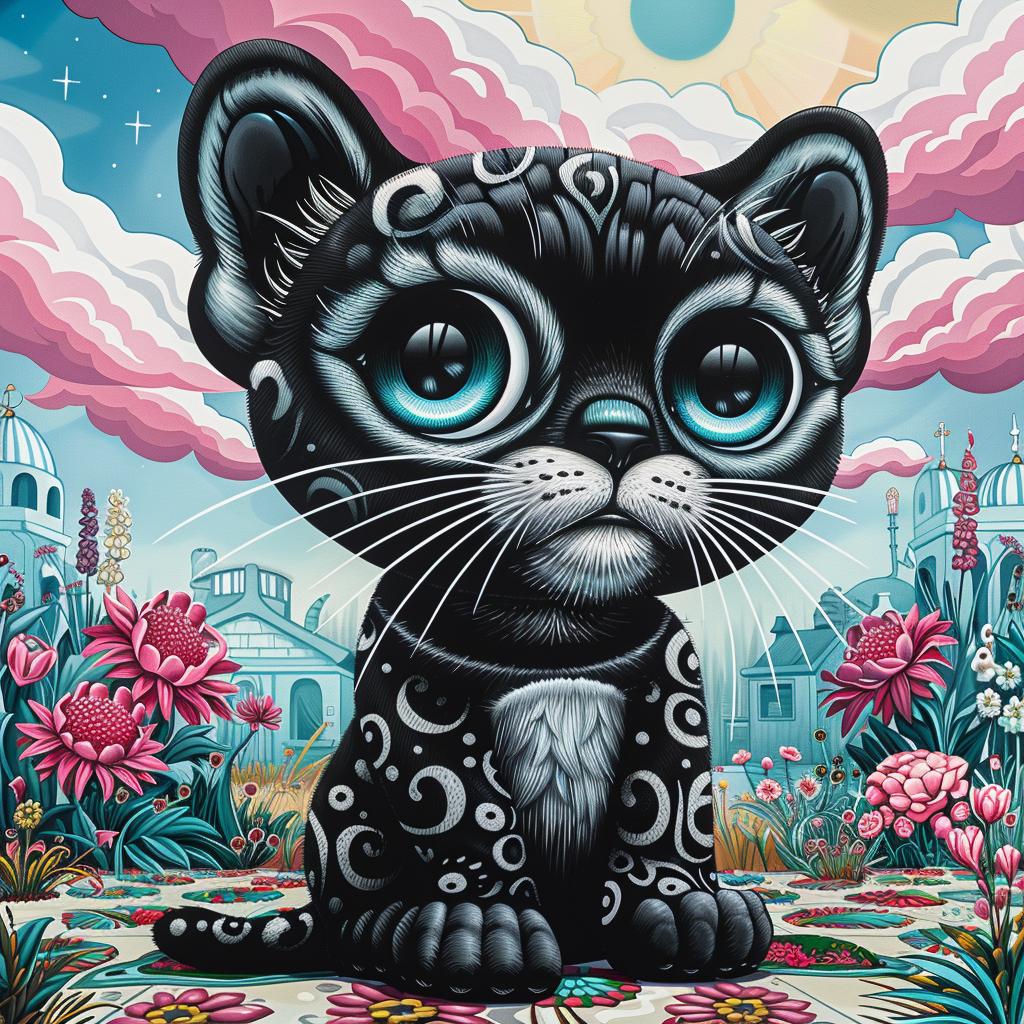 oversized  panther  kawaii  black  cat  blue  eyes  painting  cute  background 1033388