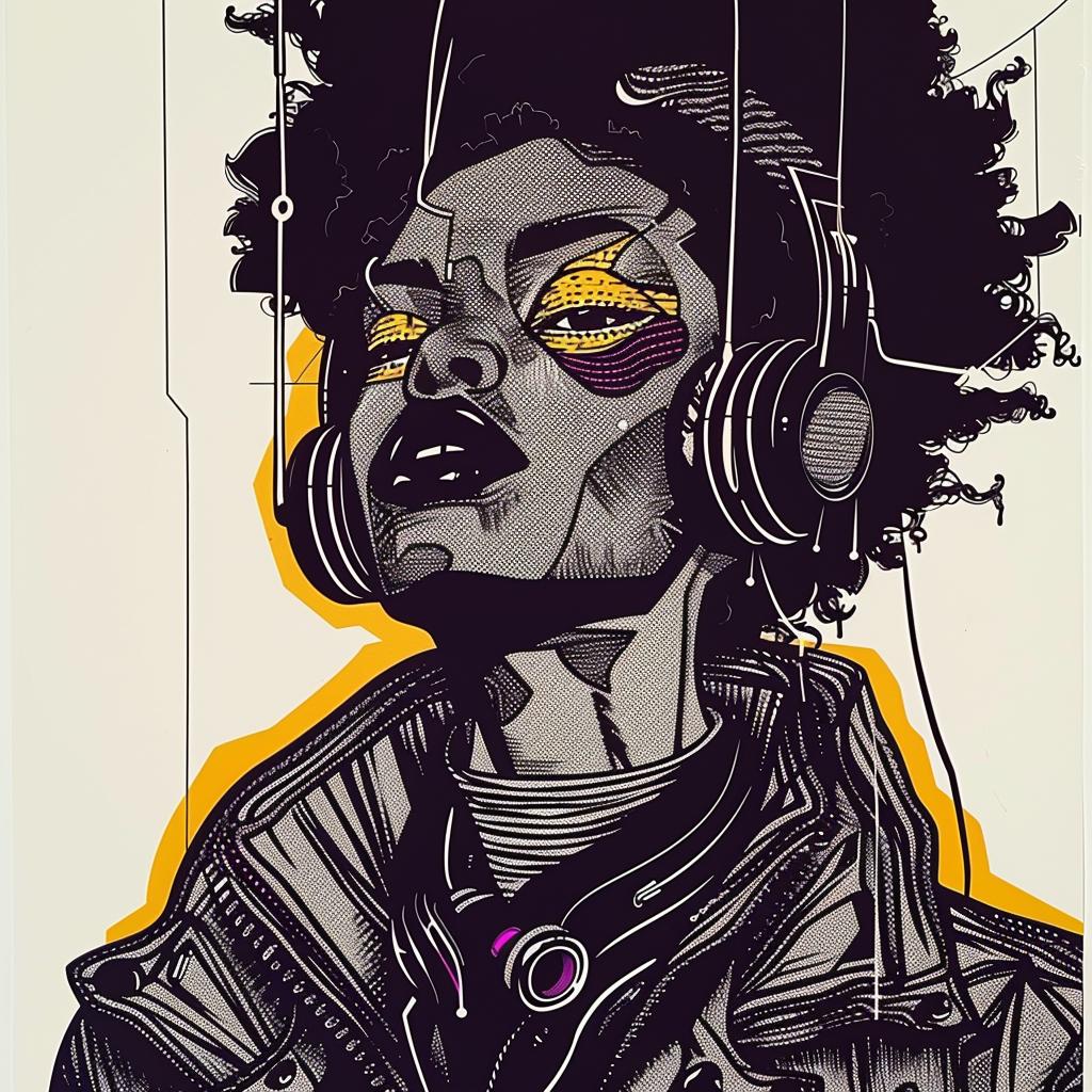 Pop Art  DJ  African-American  headphones  yellow  background  afro  dripping  eye  makeup 939190