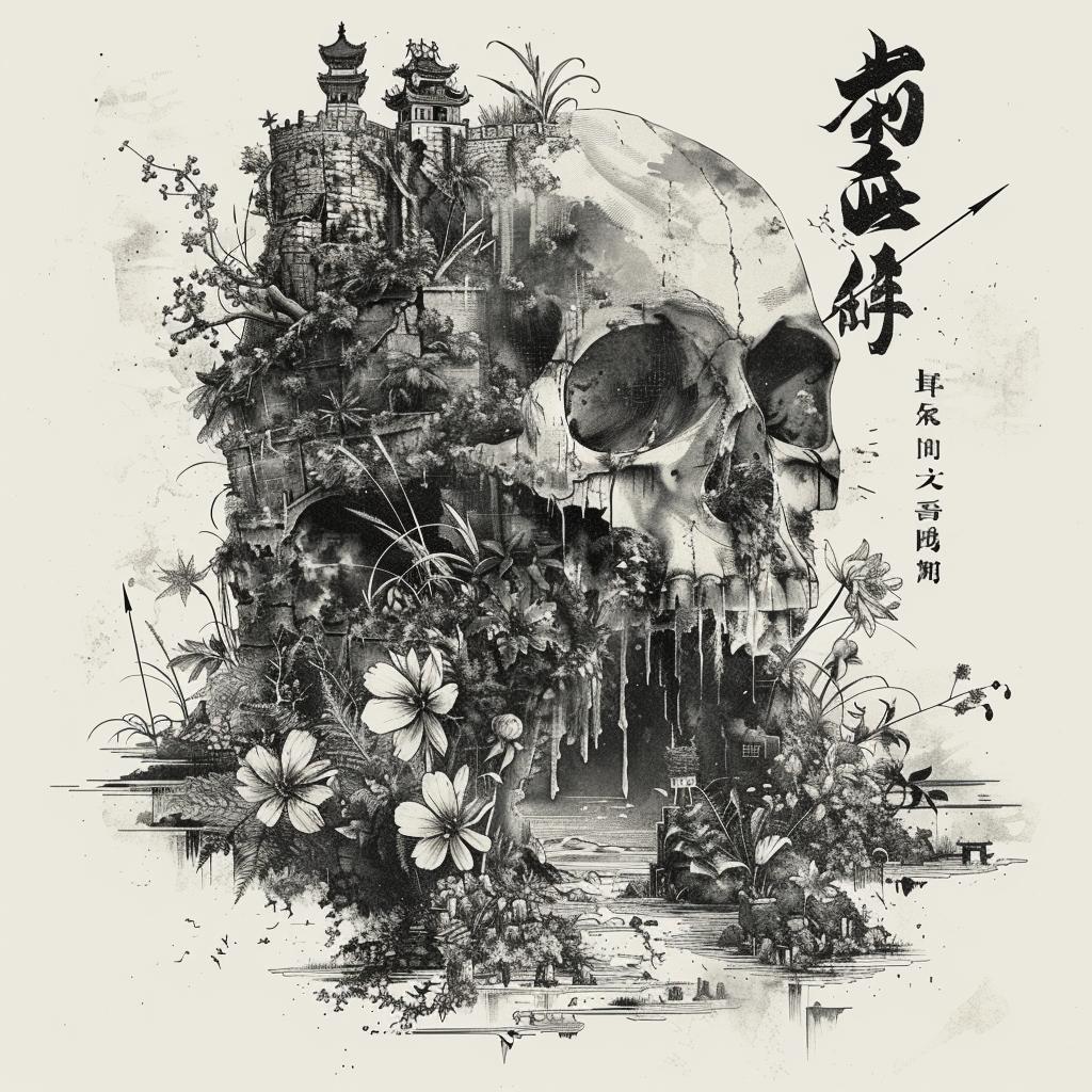 skull  album  artwork  flowers  castle  villagers  Japanese  intertwined  silhouette  design 1036279