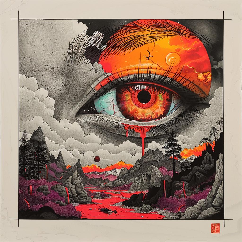 horror  poster  Japanese  lettering  eye  clouds  surreal  colorful  graphic  art 1036395