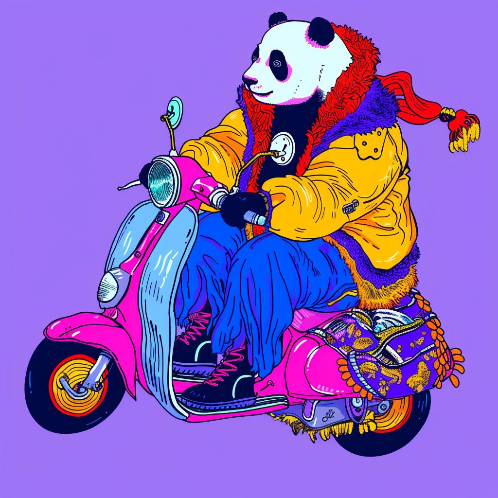 panda  scooter  purple  background  playful  whimsical  animal  cute  graphic  illustration 1021876
