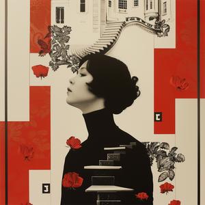 surreal  album  cover  painting  woman  roses  staircase  symbolist  risograph  hyper-realistic 1077757