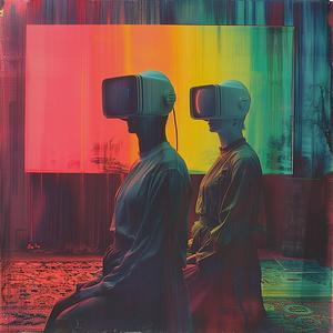 virtual  reality  headsets  colorful  screen  two  people  chromolithography  artwork  design 1041162
