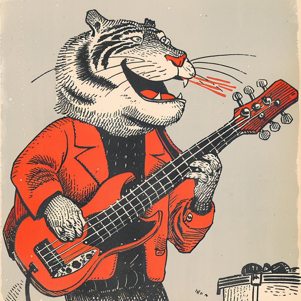 tiger  bass  guitar  cartoon  musical  playful  whimsical  illustration  colorful  character 923042